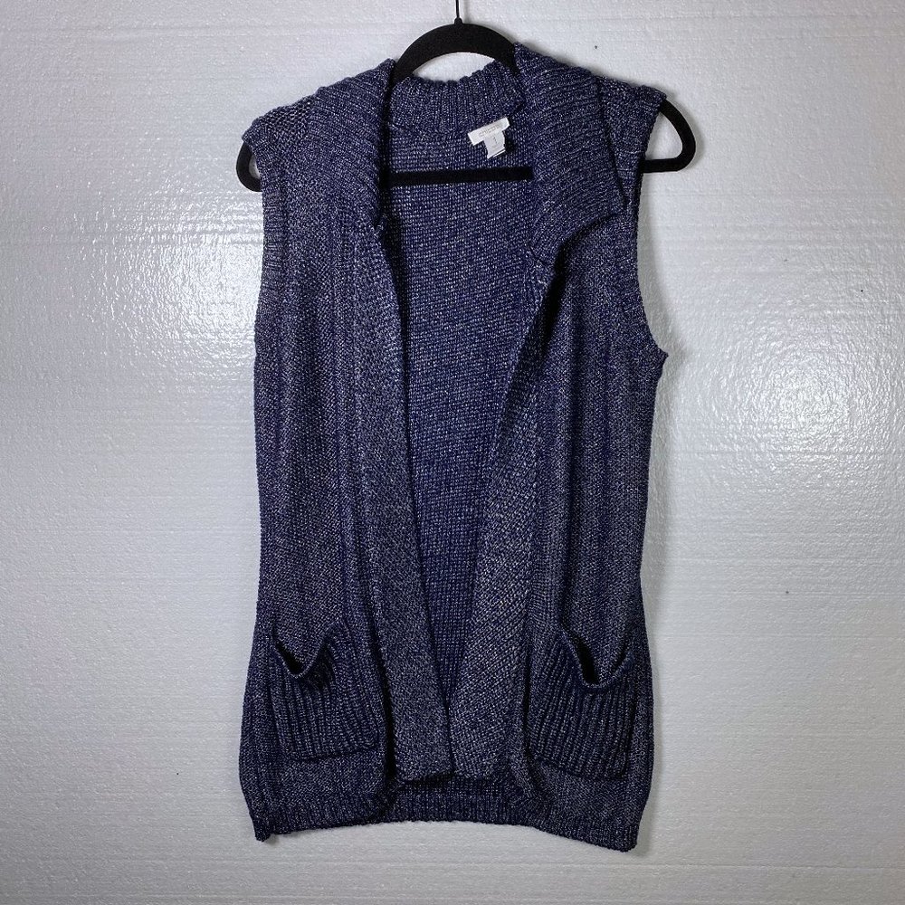 Chico's Size 1 M Blue Open Front Shimmer Knit Vest